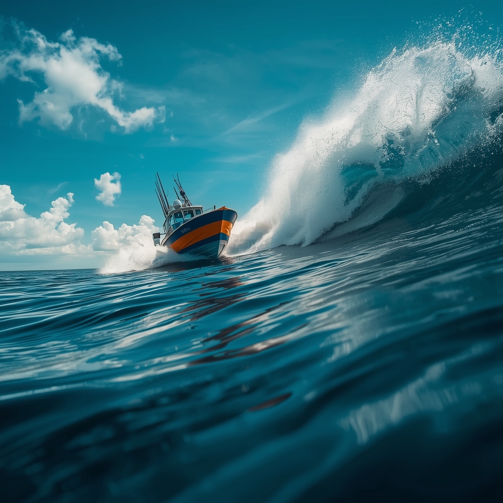 Deep sea fishing boat cutting through waves, dynamic angle, 4k